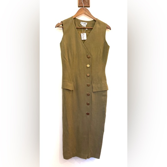 Vintage NY  Sake Green Linen Sleeveless Button  Notched Collar Midi Dress 6 - Picture 1 of 12